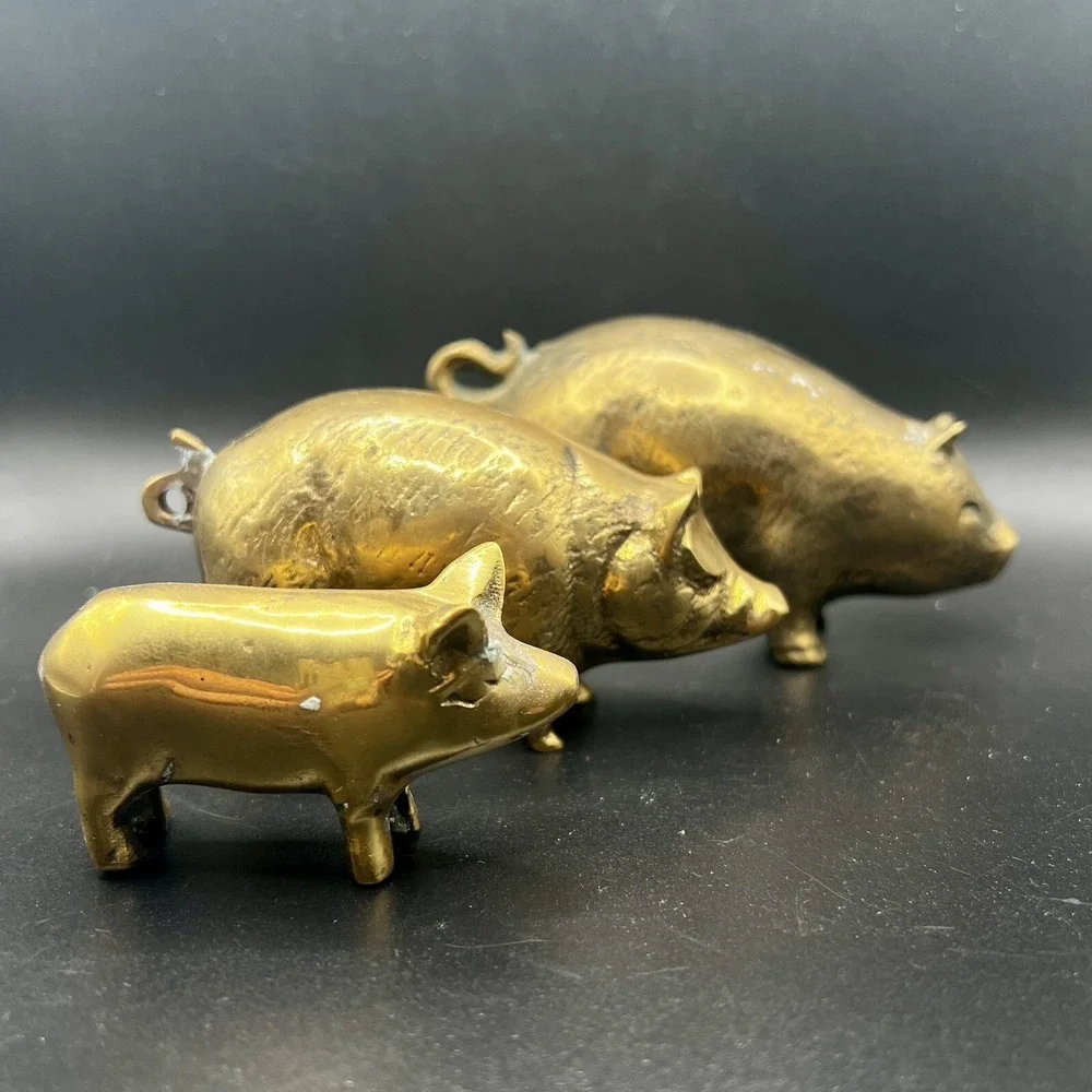 3 Vintage Solid Brass Pig Family Figures Ornaments Three Little Pigs Retro Heavy